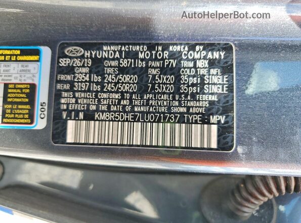KM8R5DHE7LU071737 2020 HYUNDAI PALISADE Two Tone Вид наклейки з VIN-кодом