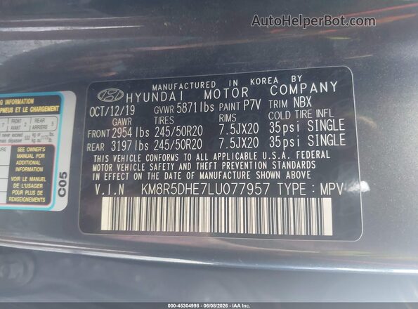 KM8R5DHE7LU077957 2020 HYUNDAI PALISADE Blue Engine compartment view