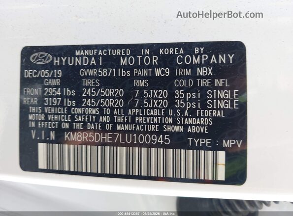 KM8R5DHE7LU100945 2020 HYUNDAI PALISADE Белый Вид подкапотного пространства