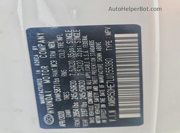 KM8R5DHE7LU155380 2020 HYUNDAI PALISADE White Vista de la etiqueta del VIN