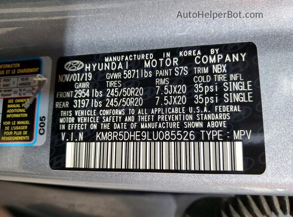 KM8R5DHE9LU085526 2020 HYUNDAI PALISADE Gray Вид наклейки з VIN-кодом