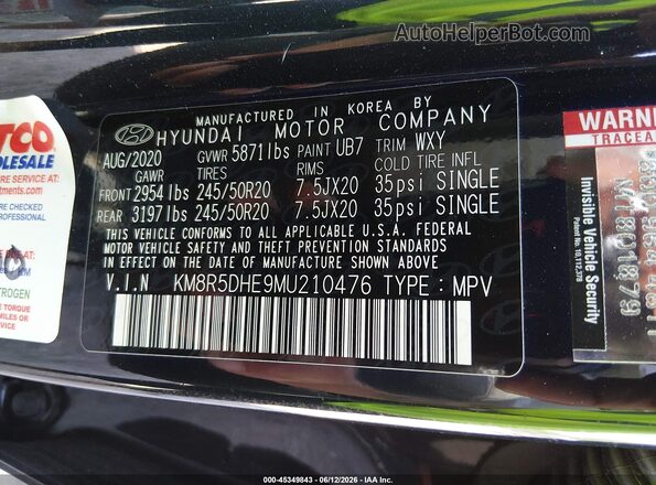 KM8R5DHE9MU210476 2021 HYUNDAI PALISADE Черный 