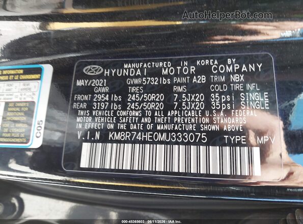 KM8R74HE0MU333075 2021 HYUNDAI PALISADE Black Շարժիչի բաժամունքի տեսք