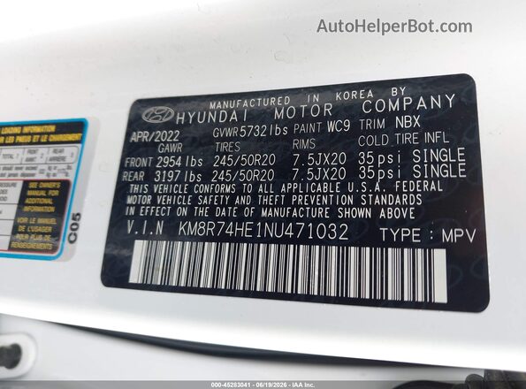 KM8R74HE1NU471032 2022 HYUNDAI PALISADE Белый Вид подкапотного пространства