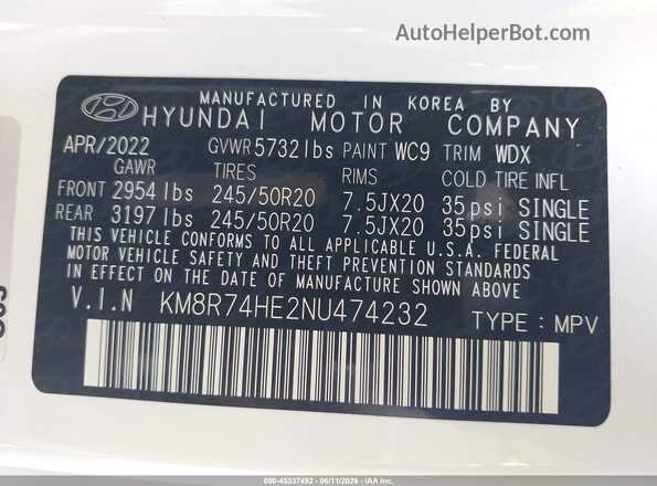 KM8R74HE2NU474232 2022 HYUNDAI PALISADE White Вид підкапотного простору