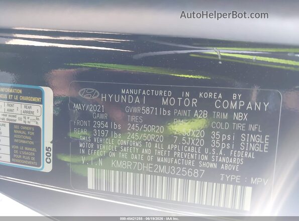 KM8R7DHE2MU325687 2021 HYUNDAI PALISADE Black ძრავის განყოფილების ხედი