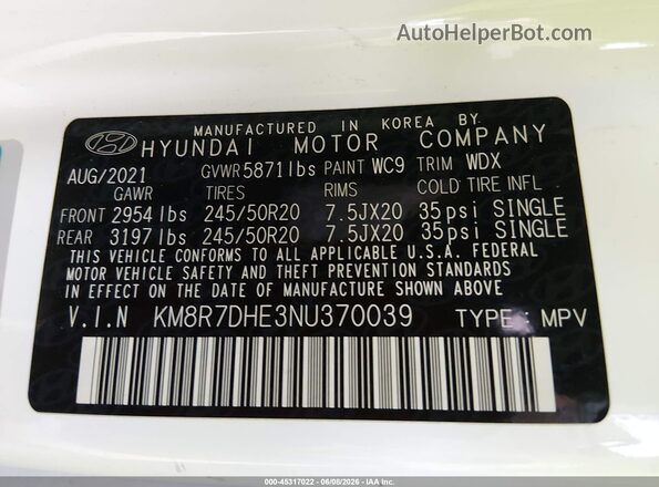 KM8R7DHE3NU370039 2022 HYUNDAI PALISADE Белый Вид подкапотного пространства