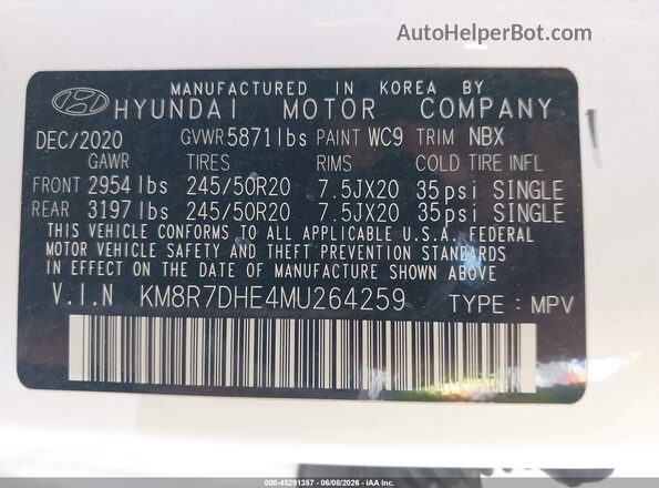 KM8R7DHE4MU264259 2021 HYUNDAI PALISADE White Շարժիչի բաժամունքի տեսք