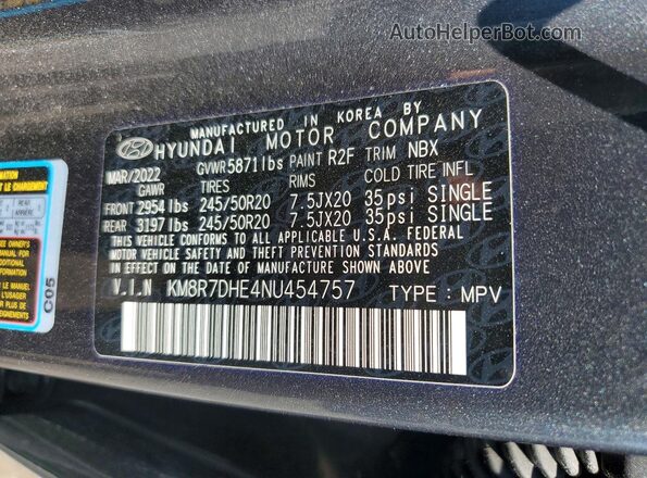 KM8R7DHE4NU454757 2022 HYUNDAI PALISADE Gray Widok naklejki z numerem VIN