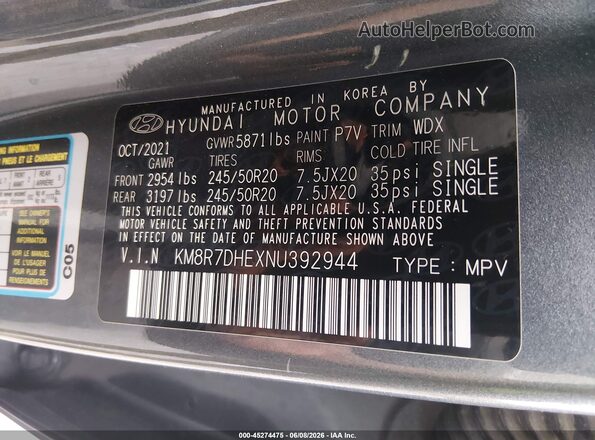 KM8R7DHEXNU392944 2022 HYUNDAI PALISADE Gray Вид підкапотного простору