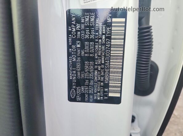 KM8RHESA4TU037497 2026 HYUNDAI PALISADE White Vista de la etiqueta del VIN