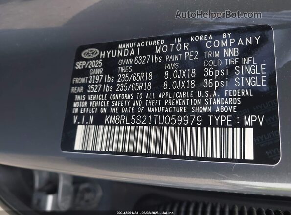 KM8RL5S21TU059979 2026 HYUNDAI PALISADE Gray Vista del compartimento del motor