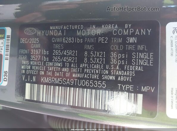 KM8RM5SA9TU065355 2026 HYUNDAI PALISADE HEV Gray Widok komory silnika