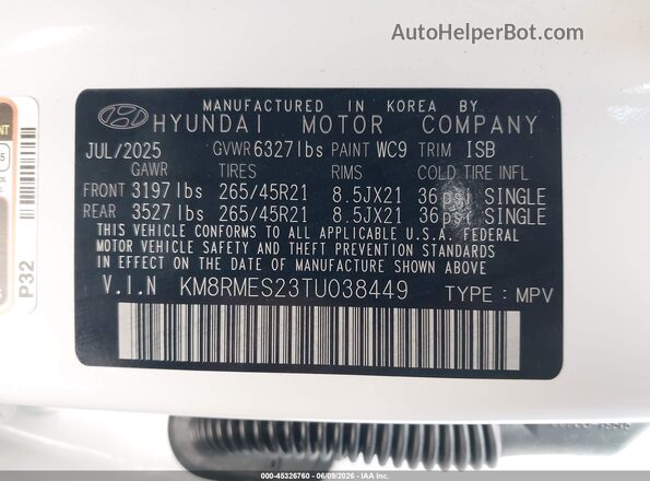 KM8RMES23TU038449 2026 HYUNDAI PALISADE White Widok komory silnika