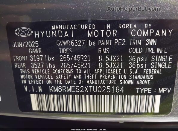 KM8RMES2XTU025164 2026 HYUNDAI PALISADE Gray Շարժիչի բաժամունքի տեսք