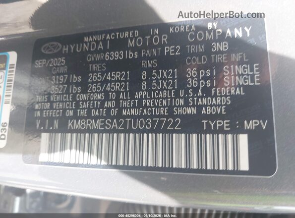 KM8RMESA2TU037722 2026 HYUNDAI PALISADE HEV Gray Vista del compartimento del motor