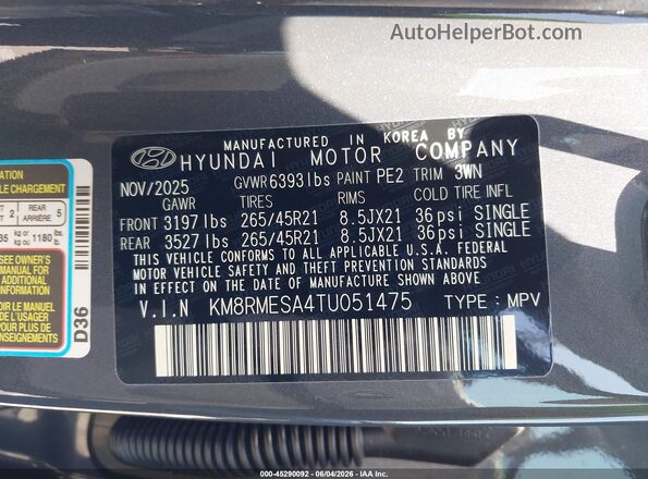 KM8RMESA4TU051475 2026 HYUNDAI PALISADE HEV Gray Вид підкапотного простору