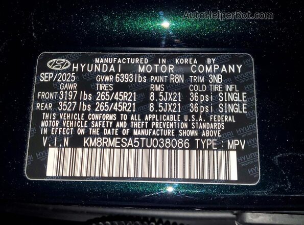 KM8RMESA5TU038086 2026 HYUNDAI PALISADE Green VIN կոդի պիտակի տեսք