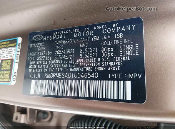KM8RMESA8TU046540 2026 HYUNDAI PALISADE HEV Brown Widok komory silnika
