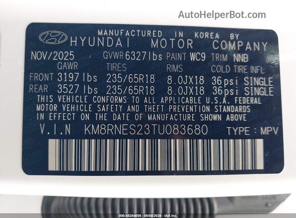 KM8RNES23TU083680 2026 HYUNDAI PALISADE White Vista del compartimento del motor