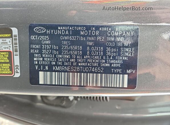 KM8RNES28TU074652 2026 HYUNDAI PALISADE Gray Widok wnętrza 360 stopni
