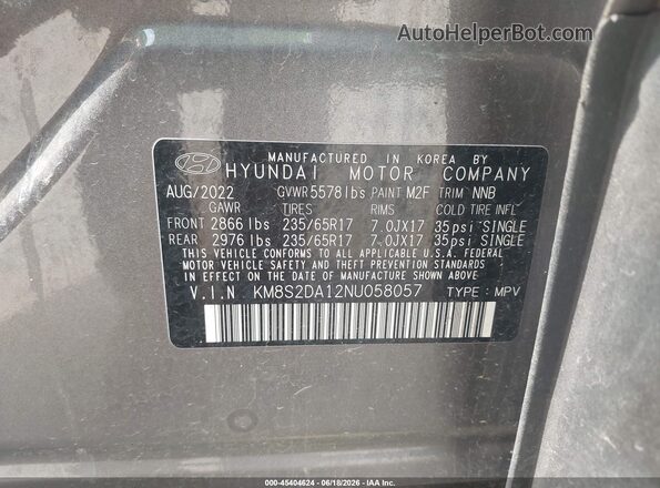 KM8S2DA12NU058057 2022 HYUNDAI SANTA FE HYBRID Gray Вид підкапотного простору