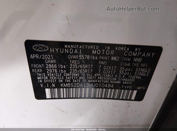 KM8S2DA13MU010484 2021 HYUNDAI SANTA FE HYBRID White Вид підкапотного простору