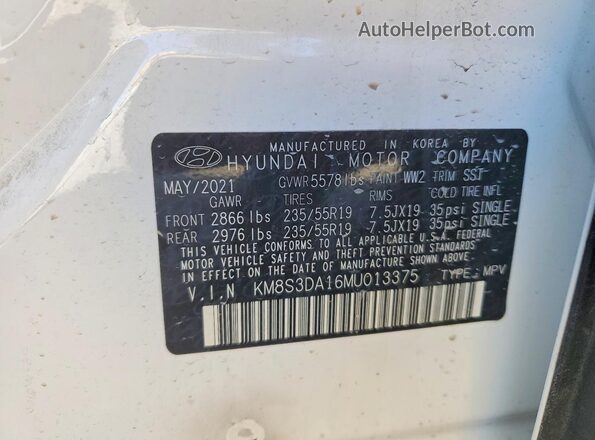 KM8S3DA16MU013375 2021 HYUNDAI SANTA White 
