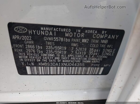 KM8S3DA1XNU044355 2022 HYUNDAI SANTA FE HYBRID White Вид підкапотного простору