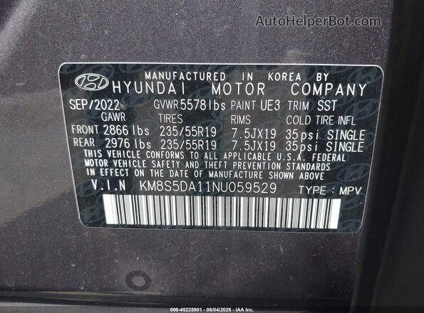 KM8S5DA11NU059529 2022 HYUNDAI SANTA FE HYBRID Gray ძრავის განყოფილების ხედი
