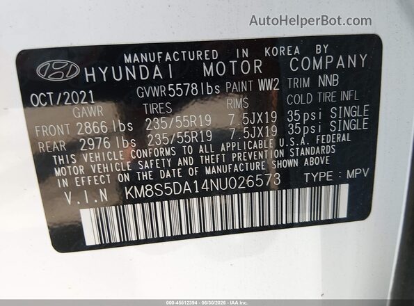 KM8S5DA14NU026573 2022 HYUNDAI SANTA FE HYBRID White ძრავის განყოფილების ხედი