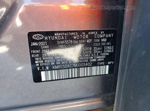 KM8S5DA17MU003402 2021 HYUNDAI SANTA Серый Вид подкапотного пространства