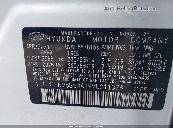 KM8S5DA19MU011078 2021 HYUNDAI SANTA FE HYBRID White Вид підкапотного простору