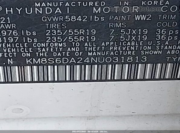 KM8S6DA24NU031813 2022 HYUNDAI SANTA FE PLUG-IN HYBRID White ძრავის განყოფილების ხედი