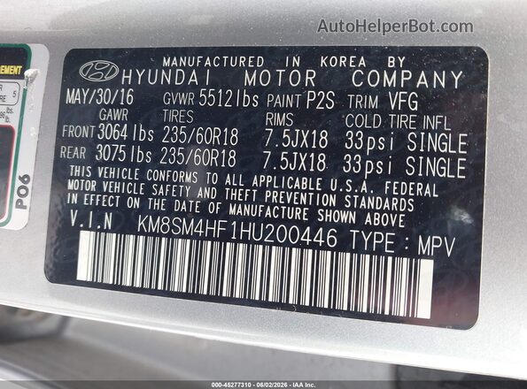 KM8SM4HF1HU200446 2017 HYUNDAI SANTA FE Silver 