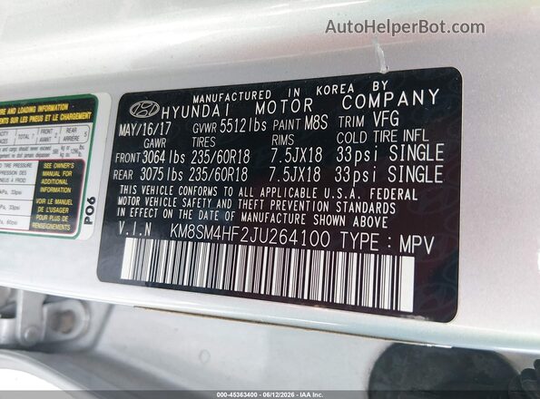 KM8SM4HF2JU264100 2018 HYUNDAI SANTA FE Silver Widok komory silnika