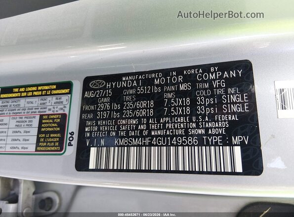 KM8SM4HF4GU149586 2016 HYUNDAI SANTA FE Silver Engine compartment view