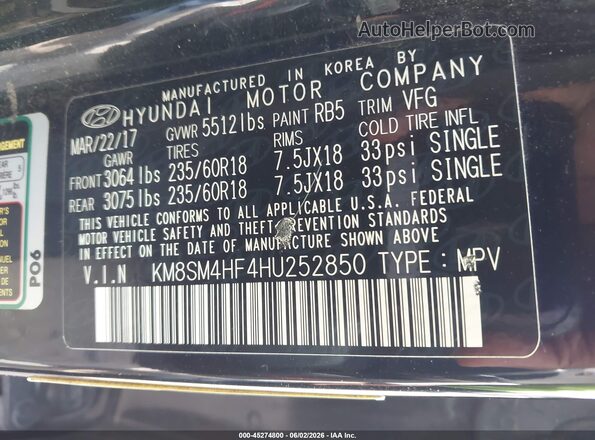KM8SM4HF4HU252850 2017 HYUNDAI SANTA FE Черный Вид подкапотного пространства
