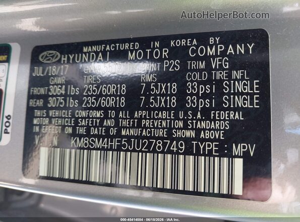 KM8SM4HF5JU278749 2018 HYUNDAI SANTA FE Silver Engine compartment view