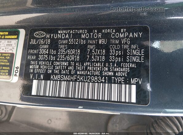 KM8SM4HF5KU298341 2019 HYUNDAI SANTA FE XL Gray Widok komory silnika