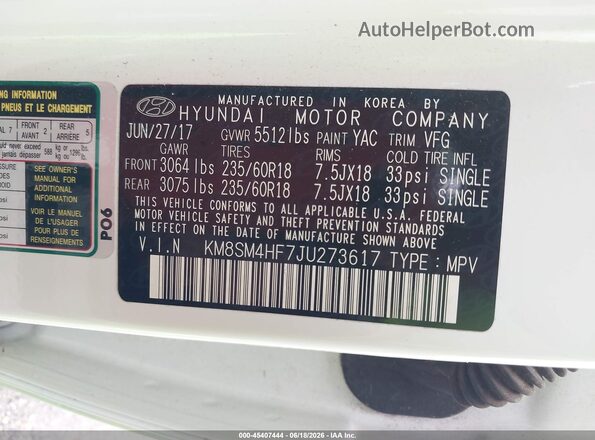 KM8SM4HF7JU273617 2018 HYUNDAI SANTA FE White 