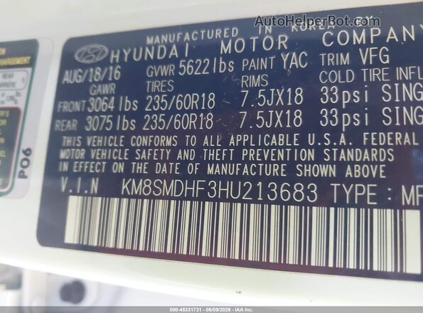 KM8SMDHF3HU213683 2017 HYUNDAI SANTA FE White 