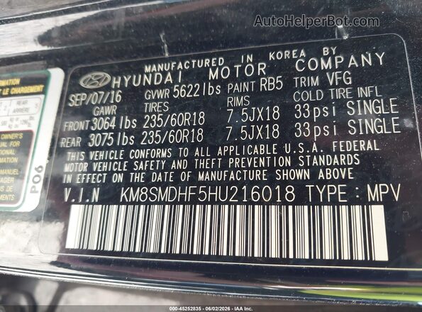 KM8SMDHF5HU216018 2017 HYUNDAI SANTA FE Черный Вид подкапотного пространства