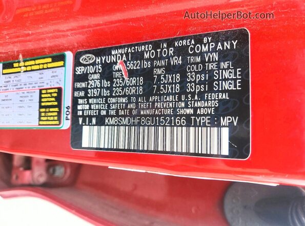 KM8SMDHF8GU152166 2016 HYUNDAI SANTA Red 
