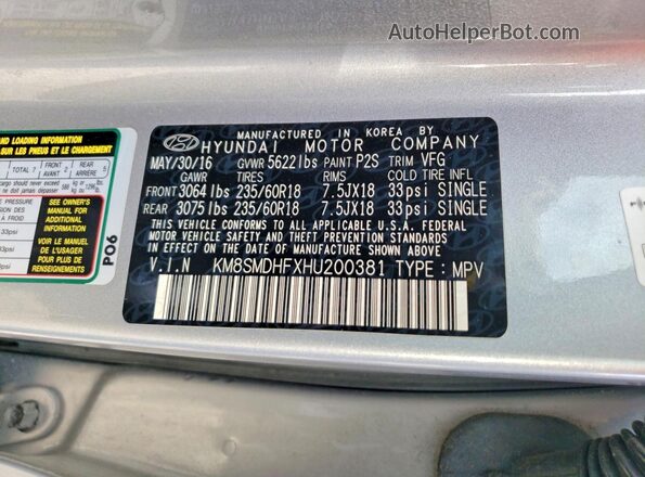KM8SMDHFXHU200381 2017 HYUNDAI SANTA Gray VIN კოდის სტიკერის ხედი