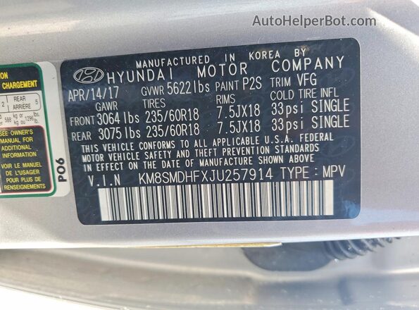 KM8SMDHFXJU257914 2018 HYUNDAI SANTA Silver VIN sticker view
