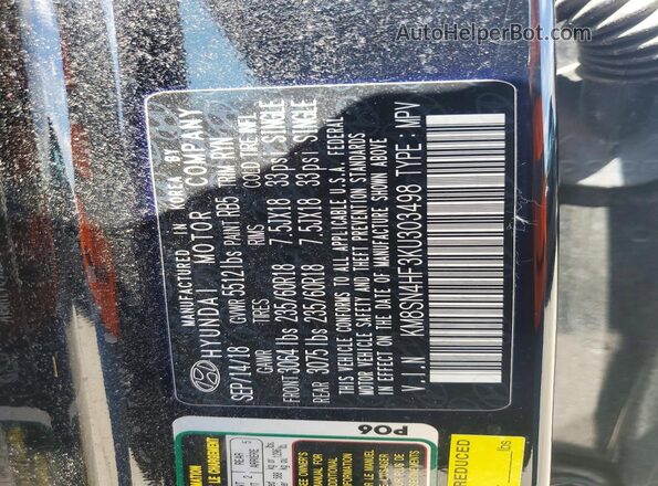 KM8SN4HF3KU303498 2019 HYUNDAI SANTA Black Vista de la etiqueta del VIN