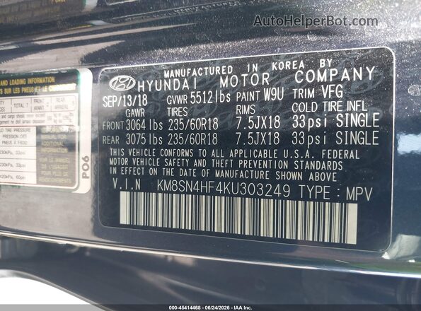 KM8SN4HF4KU303249 2019 HYUNDAI SANTA FE XL Gray Вид підкапотного простору