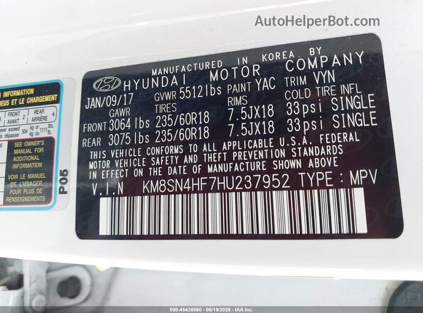 KM8SN4HF7HU237952 2017 HYUNDAI SANTA FE White Widok komory silnika