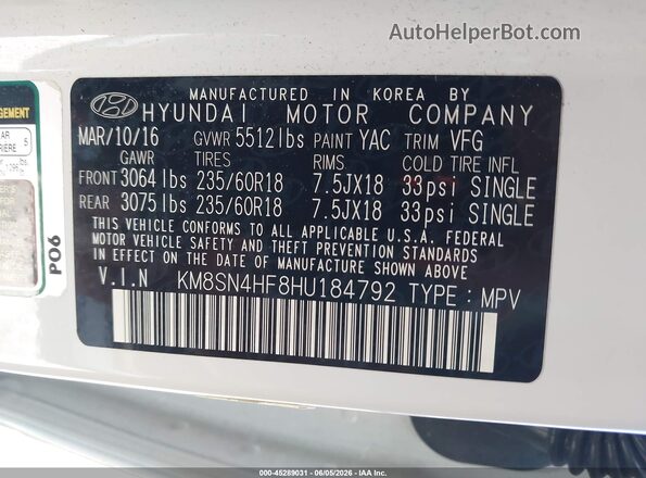 KM8SN4HF8HU184792 2017 HYUNDAI SANTA FE White Widok komory silnika